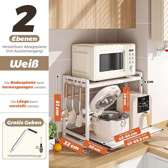 2-Tier Microwave Rack - Height Adjustable & Extendable Kitchen Shelf with Drawer - Carbon Steel - Includes Hooks & Reinforcement Suction Cups - Easy Assembly (White)