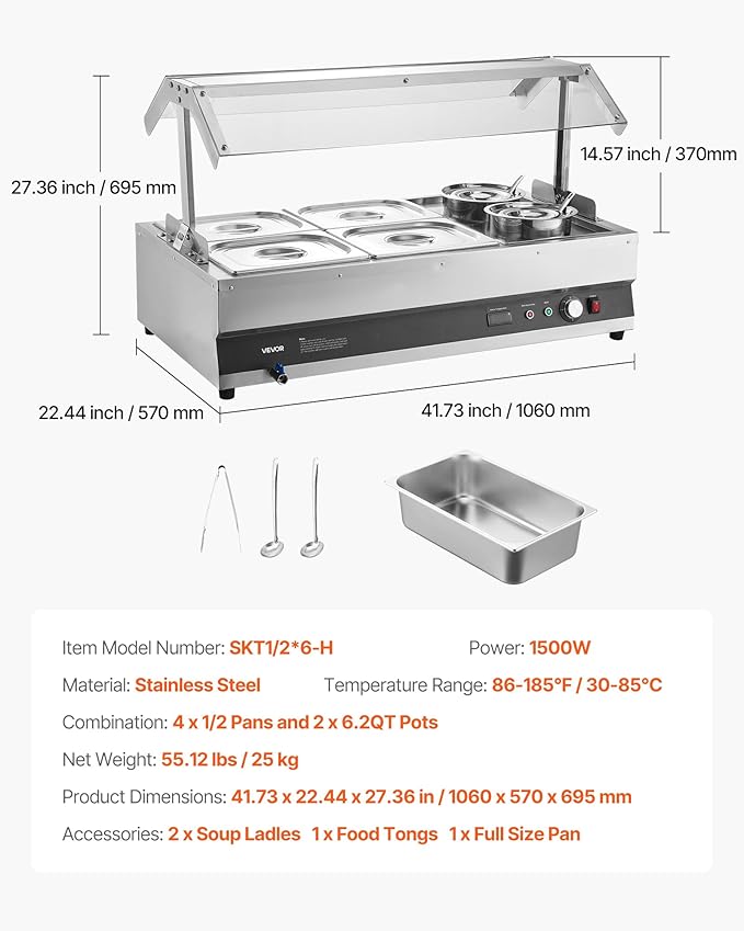 VEVOR Electric Soup Warmer, Two 6.34QT Pots & Four 1/2 Pans, Stainless Steel Commercial Food Warmer with 86~185°F Adjustable Temp, 1500W Bain Marie with Cover, Soup Station for Restaurant, Buffet