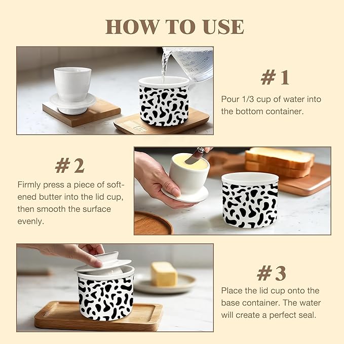 HIWX Cow Print Gifts Butter Crock with Lid for Countertop, Cowhide Ceramic French Butter Crock Keeper Dish for Counter with Water, Cow Lovers Gifts for Women