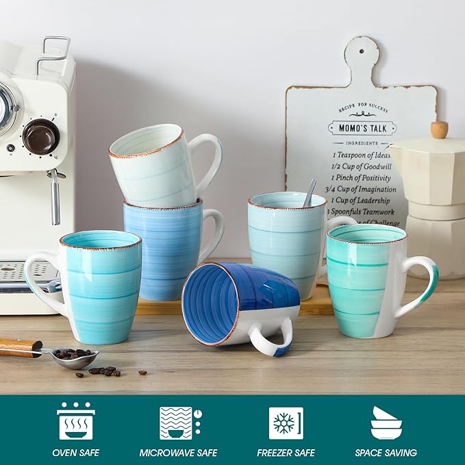 vancasso Bonita 16 Oz Large Coffee Mugs Set of 6, Ceramic Coffee Cups for Cappuccino, Latte, Tea, Cocoa, Blue
