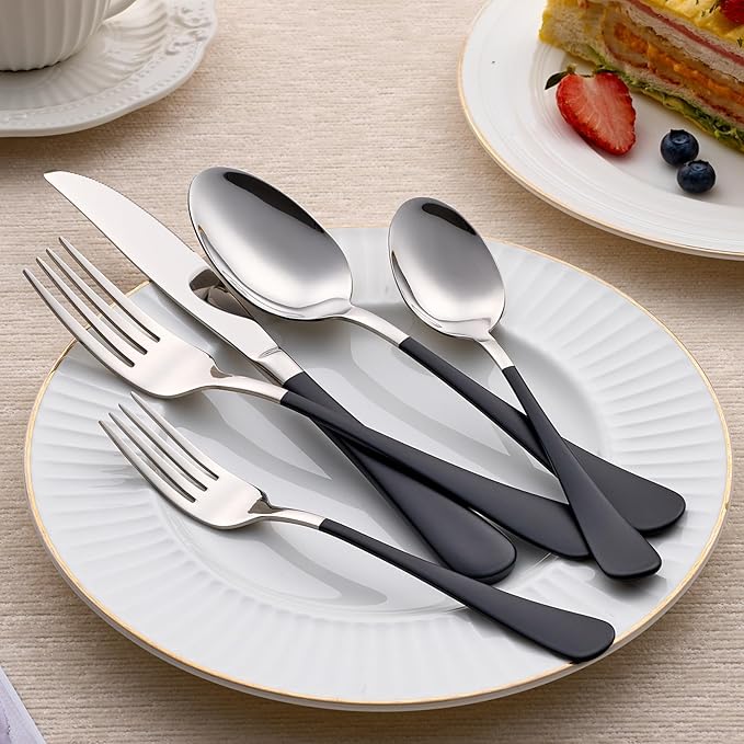 20-Piece Black Silverware Set 18/0 Stainless Steel Silverware Set Black Handle Cutlery Set Service for 4 Dinner Knives Forks Spoons Set Flatware Set Finish Dishwasher Safe