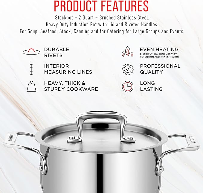 Stainless Steel Stockpot with Lid 2 Quart, Durable 18/8 Stainless Steel, Impact-Bonded Base for Even Heating, Riveted Handles, Oven & All Stove Compatible, Safe Up To 500°F (260°C)