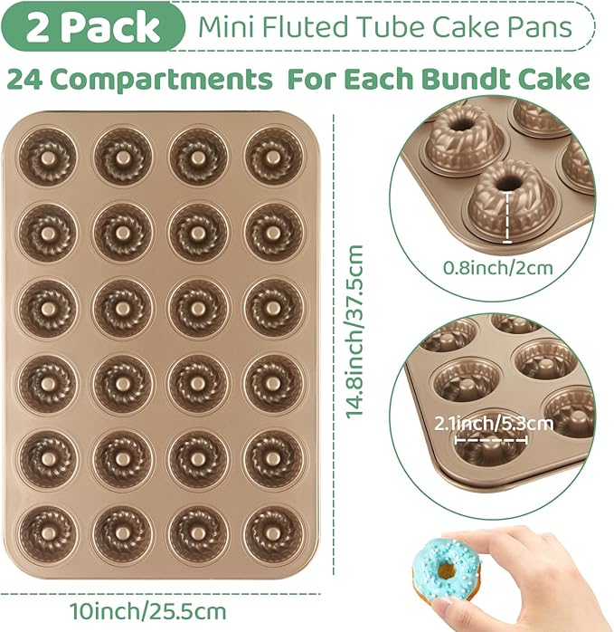 2 Pack Mini Bundt Cake Pan for Baking, 24-Cavity Mini Fluted Tube Cake Pans, Nonstick Carbon Steel Bundt Cake Mold for Baking