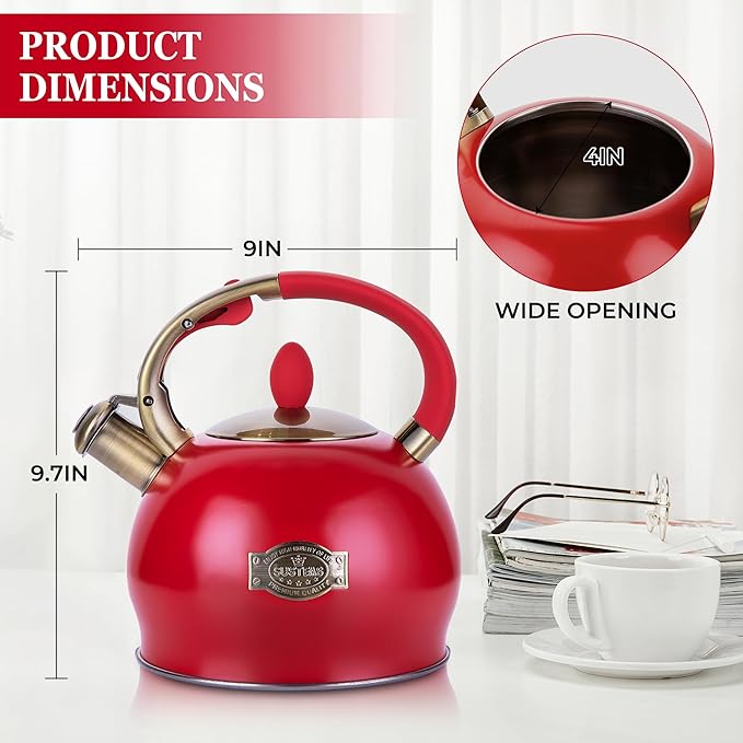 SUSTEAS Stove Top Whistling Tea Kettle - Food Grade Stainless Steel Teakettle Teapot with Cool Touch Ergonomic Handle, With 1 Silicone Pinch Mitt Included, 2.64 Quart(RED)