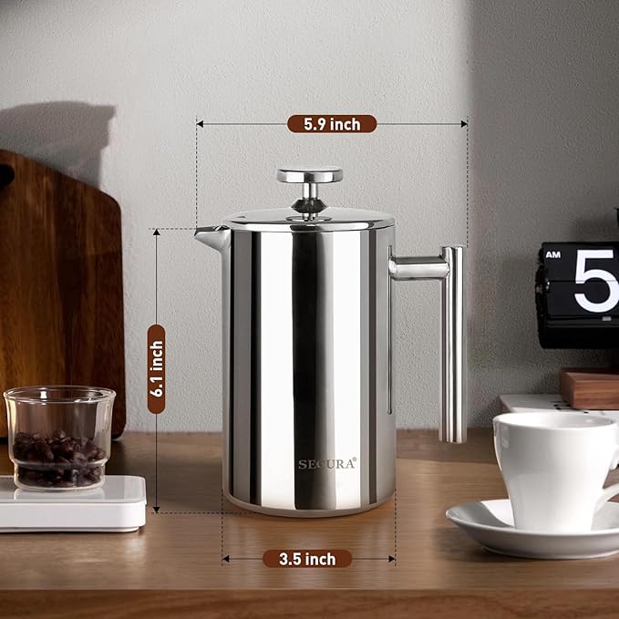Secura French Press Coffee Maker, 304 Grade Stainless Steel Insulated Coffee Press with 2 Extra Screens, 12oz (0.35 Litre), Silver (SFP-12DS)