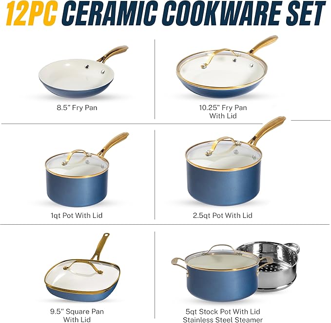 Gotham Steel 12 Pc Ceramic Cookware Set Nonstick, Ceramic Pots and Pans Set Non Stick with Steamer for Cooking, Non Toxic PFOA PFOS Free, Premium Stay Cool Handles, Oven & Dishwasher Safe