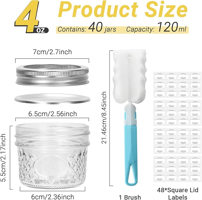 4 oz Glass Small Mason Jars, 40 Pack Regular Mouth Glass Canning Jars with Silver Aluminum Lids and Bands, Airtight Jam Jars for Food Storage, Fermenting, Honey, Dessert, DIY Candles Decor