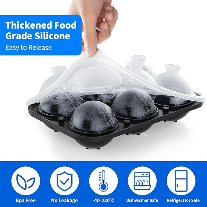 6 Chamber 2.2" 3D Round Ball Ice Cube Tray With Funnel,Large Circle Ice Ball Maker Mold Silicone Fun Shapes Bourbon Sphere Ice Cube Molds,For Chilling Whiskey,Cocktails,Bourbon,Brandy and Beverages