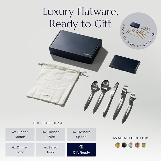 JazzUpCo Ava Flatware Flatware non toxic 18/10 stainless steel dishwasher safe (Matte Silver, 4 Person Set (20 Pieces))