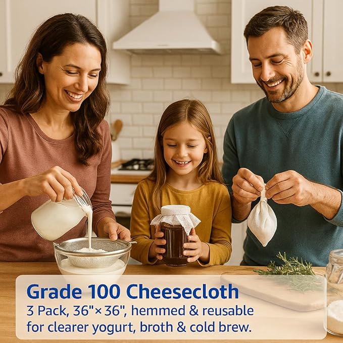 1 Pack Grade 100 Cheesecloth 36×36 in — Reusable Cheese Cloths, 100% Unbleached Cotton, Hemmed on All Sides (Lint-Free), Butter Muslin for Straining Yogurt, Nut Milk, Broth, Jelly & Cold Brew