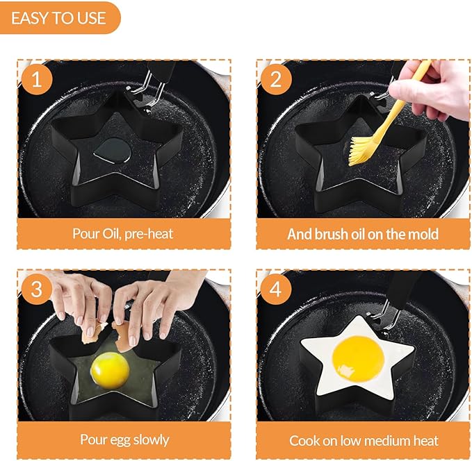 4 Pack Egg Poachers Rings, Stainless Steel Egg Cooking Rings, Round Pancake Mold for Frying Eggs, Omelet and Muffins, Non-stick Fried Egg Mold Ring, 4 Shapes