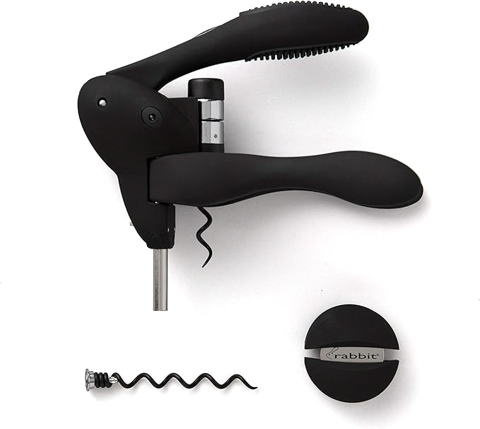 Rabbit W6004N Original Lever Corkscrew Wine Opener with Foil Cutter and Extra Spiral, Black Finish, Smooth Lever Action for Effortless Cork Removal