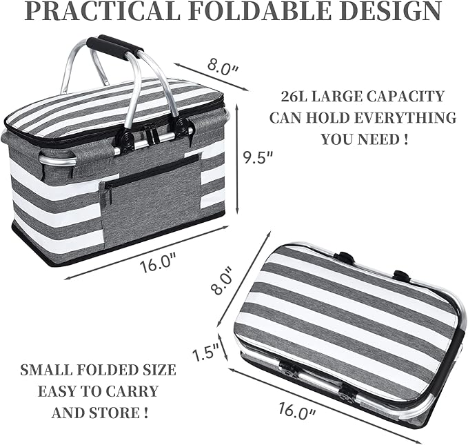 Insulated Picnic Basket,Leak-Proof Collapsible Cooler Bag,26L Grocery Basket with Lid,2 Sturdy Handles,Storage Basket for Picnic,Food Delivery,Take Outs,Market Shopping,Travel (Gray)