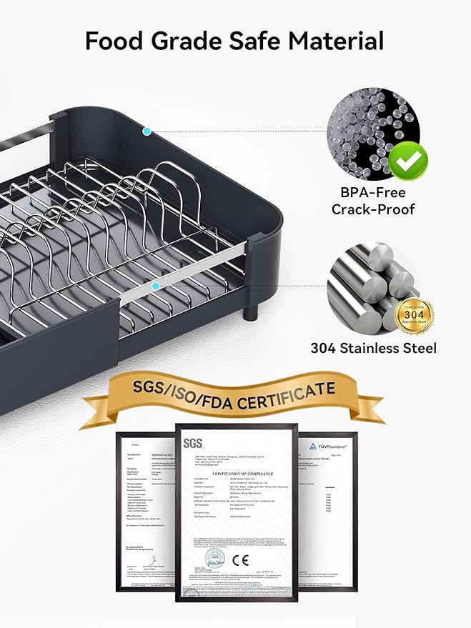 SUNLY Dish Drying Rack, Expandable Dish Racks for Kitchen Counter, Space Saving Kitchen Drying Rack with Sleek & Modern Design, Rust Proof Stainless Steel Dish Drainers with Utensil Holder, Deep Gray