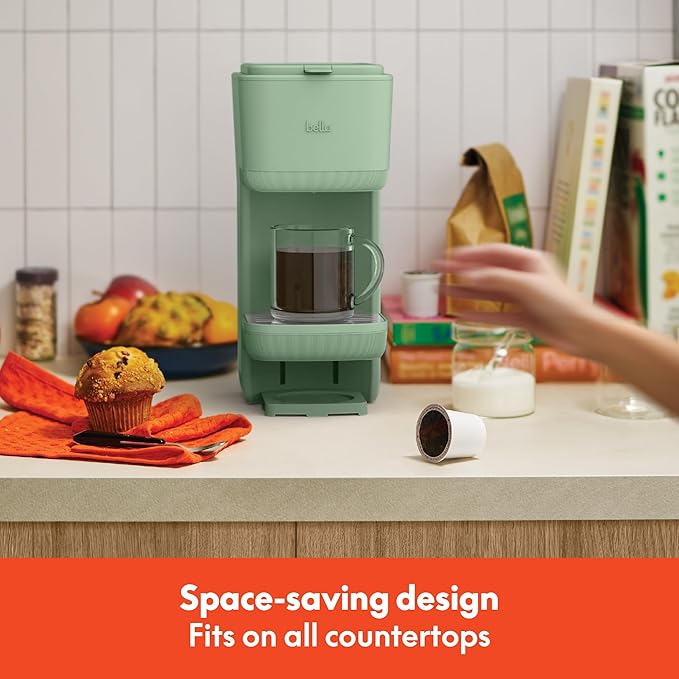 BELLA Single Serve Coffee Maker, K Cup & Coffee Ground Compatible with Removable, Adjustable Drip Tray, Auto Shutoff & Reusable Dishwasher Safe Accessories, Brews 6oz to 14oz, 1000 Watt, Seaglass