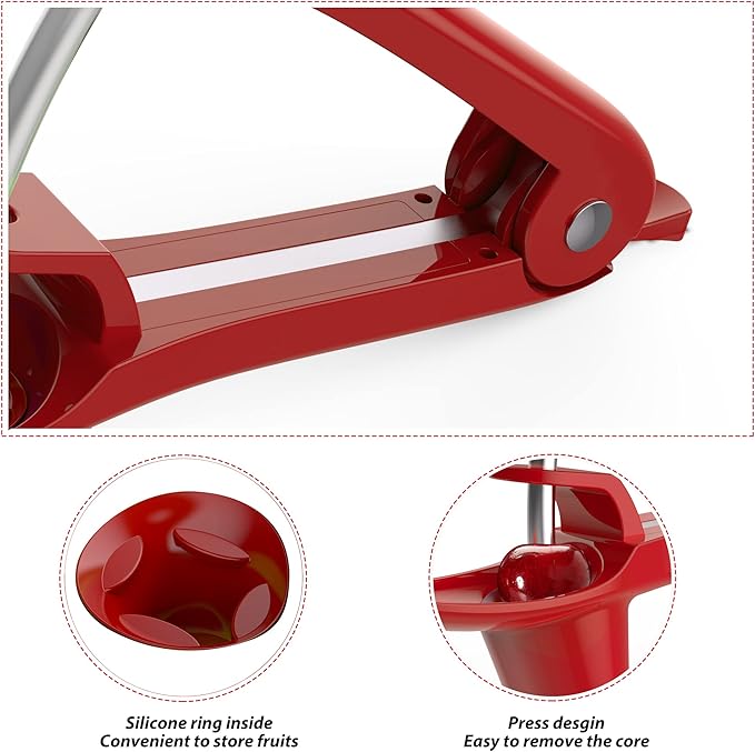 Cherry Pitter - Ordekcity Stainless Steel Cherries Corer Pitter Tool with Hand-held Push Design, Save Time & Space for Making Cherry Jam with Lock Design(Red)