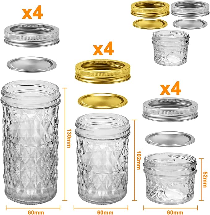 SPANLA 12 Pack Glass Mason Canning Jars With Regular Lids, Ideal for Jam, Jelly, Honey, Wedding Favors, Shower Favors, Baby Foods DIY Spice Jars - 4 OZ x 4, 8 OZ x 4, 12 OZ x 4