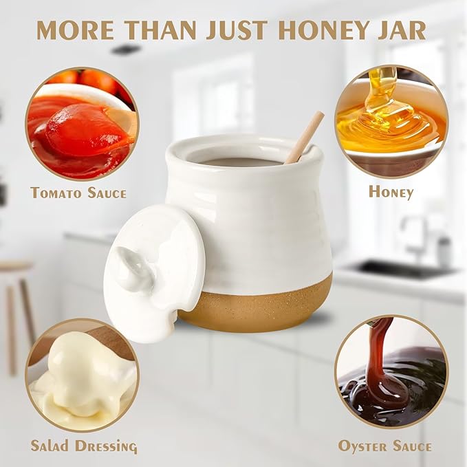 Hasense Ceramic Honey Pot with Lid and Dipper Stick, 12 Ounce HoneyJar Dish for Home Kitchen, Farmhouse Honey Container for Christmas Gift, Dishwasher Safe, White