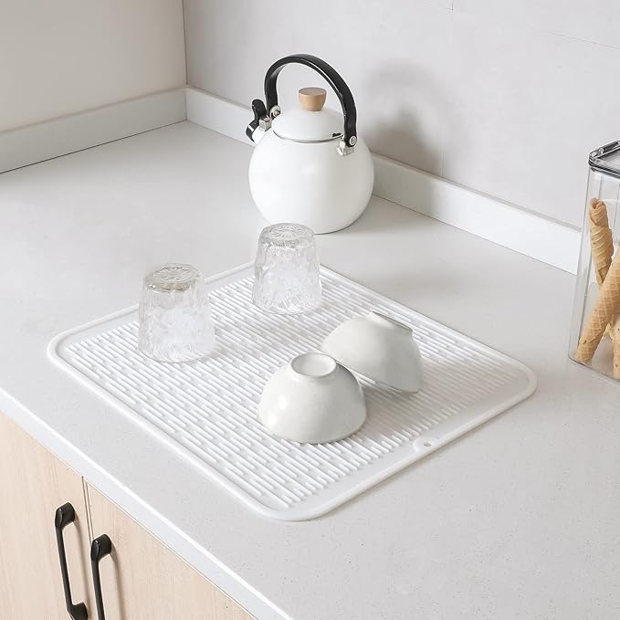 Silicone Dish Drying Mat for Multiple Usage,Easy clean,Eco-friendly,Heat-resistant Silicone Mat for Kitchen Counter or Sink,Refrigerator or Drawer Liner White XL 18 inches x 16 inches