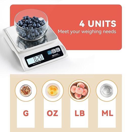 BOMATA 0.1g/ 13lb Food Scale, USB Rechargeable, Digital Kitchen Scale with Removable Stainless Steel Pan, Backlit LCD Display, for Cooking, Baking B621 White