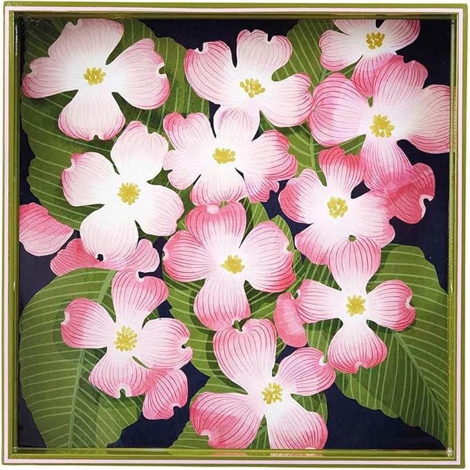 Pink Dogwood 15inch Square Lacquered Wooden Serving Tray with Handles, Coffee Table Ottoman Tray for Dining. for Food, Drinks, Cocktail, Great for Parties, Entertaining & Gift