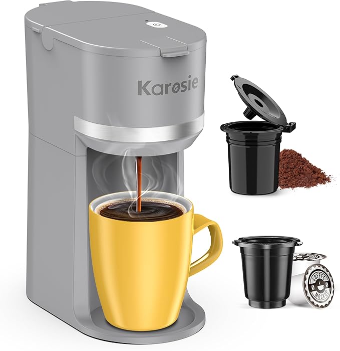 Single Serve Coffee Maker for K-Cup and Ground Coffee, Fast Brew, 6-12 oz Brew Sizes One Cup Coffee Machine Fits 5.5" Mugs, One-Button Small Coffee Maker with Descaling Reminder,Grey