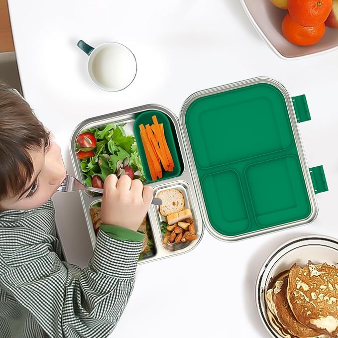 Stainless Steel Kids Leak-Resistant Bento Lunch Box, 3-Compartments with Silicone Container, Dishwasher-Safe, Child-Friendly Design for School, Picnics & Travel,BPA-Free (Green)