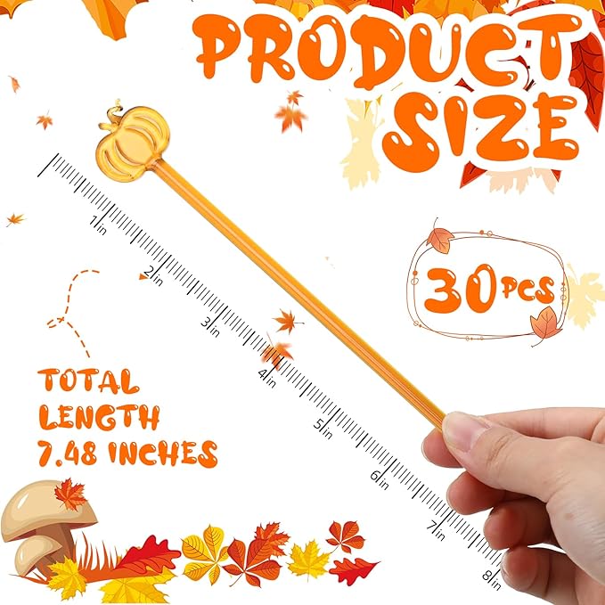 12 Pcs Pumpkin Glass Drink Stirrers 7 Inch Fall Swizzle Sticks 3D Fall Coffee and Cocktail Stirrers Thanksgiving Drink Stir Sticks for Autumn Party Tea Coffee Bar Favors