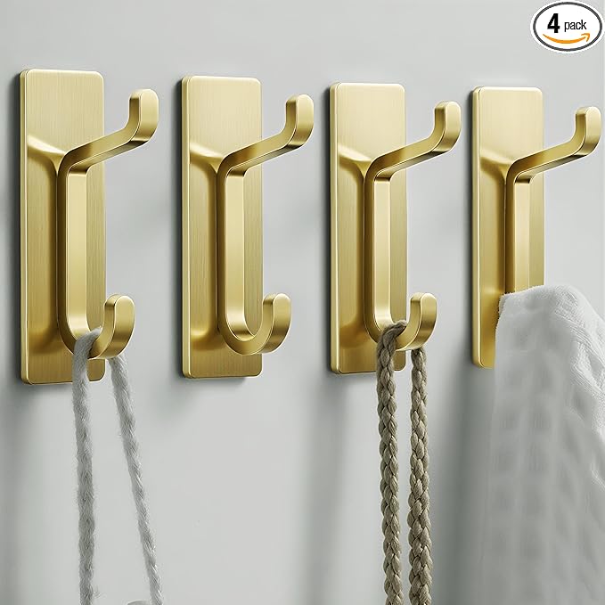 pickpiff Self Adhesive Hooks, Extra Sticky 10LB (Max), Heavy Duty Stainless, Stick On Wall and Door Hooks for Hanging, Bathroom Towel Hooks and Coat Hooks, Robe Hook Wall Mounted, Gold, 4 Pack