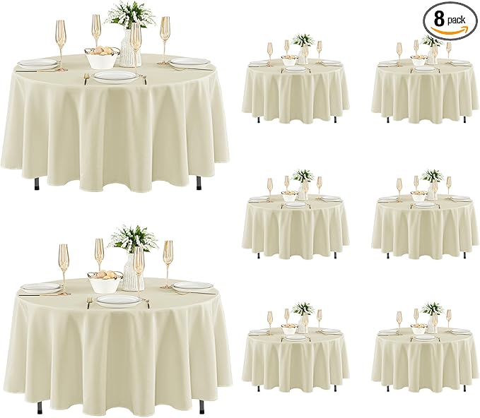 Fitable 8 Pack Round Tablecloths: Stain Resistant Wrinkle Free Circle Table Clothes, Washable Reusable Polyester Table Covers for Wedding Party Birthday Banquet Reception(Ivory, 84 Inch)