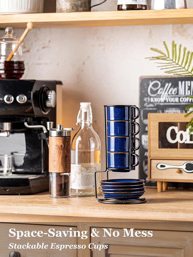 Gomakren 2.5 Ounce Espresso Cups Set of 4, Small Stackable Coffee Cups with Saucers and Metal Stand, Halloween Porcelain Demitasse Cups for Specialty Coffee Drinks, Espresso, Cappuccino, Cobalt Blue