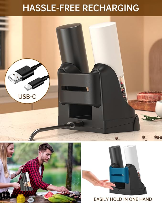CIRCLE JOY Electric Salt and Pepper Grinder Set Automatic Salt and Pepper Grinder Set with Charging Base and White LED Light, Adjustable Coarseness, USB Rechargeable, Washable Container, White & Black