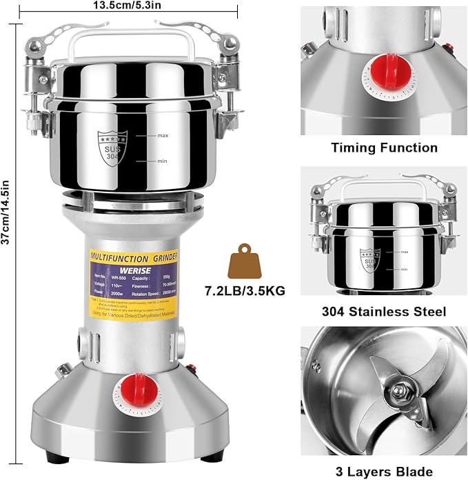 Grain Flour Mill Grinder Electric,550g Food Spice Powder Wheat Maker Stainless Steel Rice Bread for Kitchen Home Commercial Pepper Coffee Corn Nut Dry