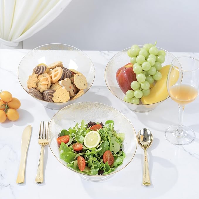 bUCLA 12 Pack Gold Glitter Plastic Serving Bowls - 20 OZ Disposable Snack, Fruit, Chip, Candy Angled Serving Bowls for Party