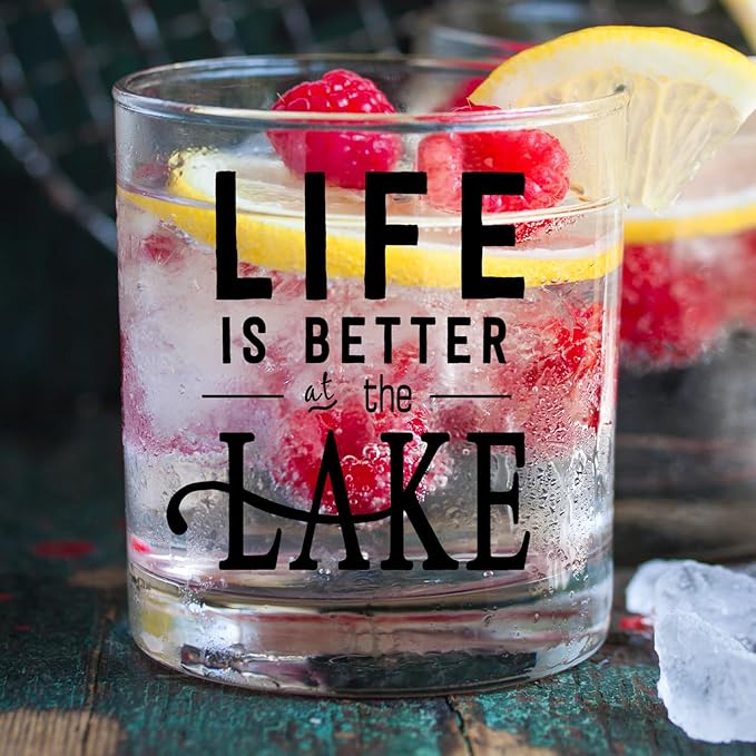 kunlisa Lake Lovers Gifts Whiskey Glasses, Lake House Decor and Gifts, Life Is Better at the Lakes 10 oz Drinking Rocks Glasses for Women Men Whisky Cocktail Scotch Bourbon Liquor