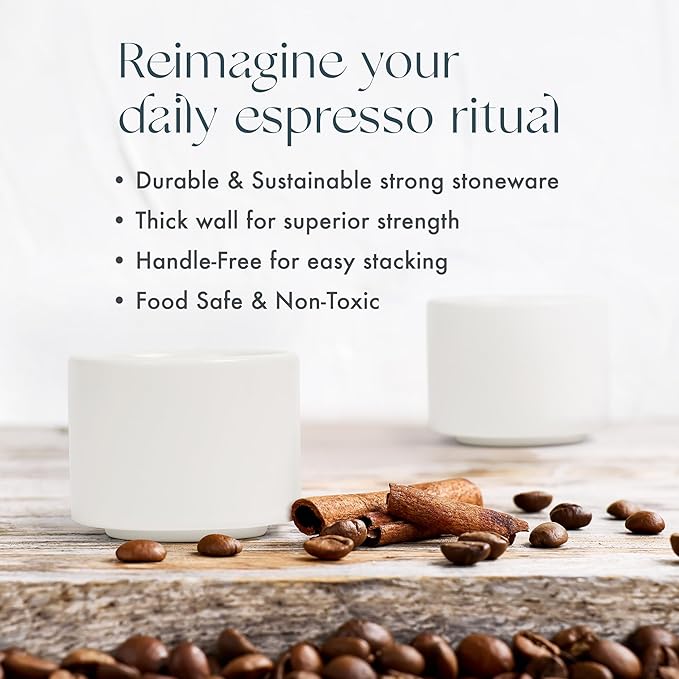 Folk Ceramics Leonard Ceramic Espresso Cups | Modern Stackable Demitasse Mugs for Espresso | Thick Walled, Handleless, Durable, Dishwasher & Microwave Safe | Set of 2, 3oz | Whisper White