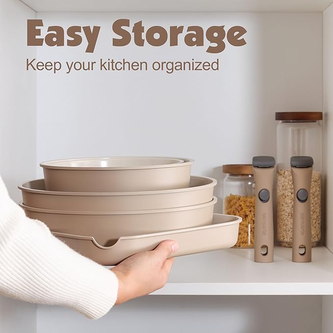 SENSARTE 17 Piece Ceramic Pots and Pans Set, Nonstick Detachable Handle Cookware, Induction Kitchen Cookware Set with Removable Handle, Dishwasher ＆ Oven Safe (Almond Beige)