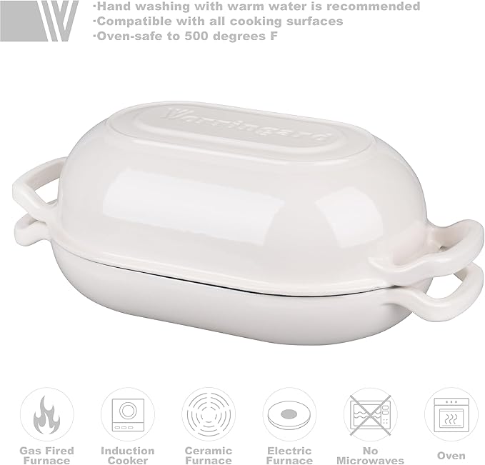 Enameled Cast Iron Sourdough Bread Oven, Dutch Oven, Loaf Cast Iron Bread Pan for Homemade Bread Baking, Meatloaf Pan with Lid, 5QT, White