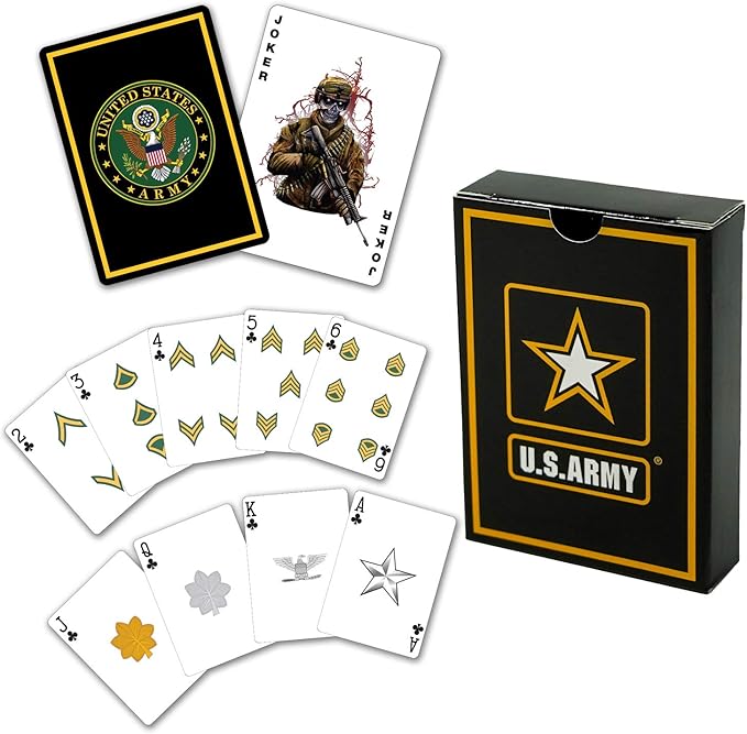 US Army Flask & Card Set | Leather-Wrapped Flask with Rank Playing Cards | Army Card & Flask Set