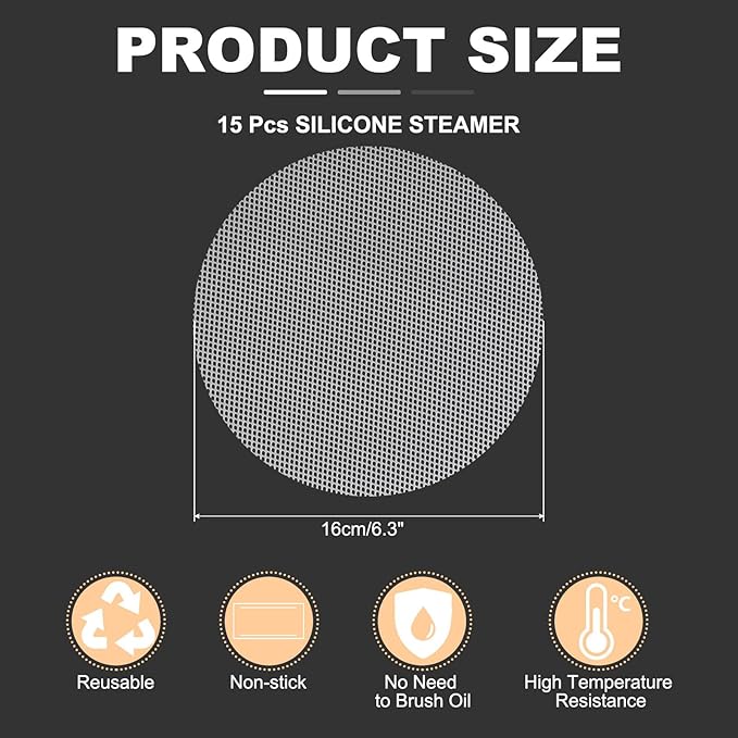 uxcell 15pcs Silicone Steamer Liners, 6.3" Bamboo Steamer Liner Non-Stick Silicone Air Fryer Steamer Liners for Buns Dumplings Pastry Baking White