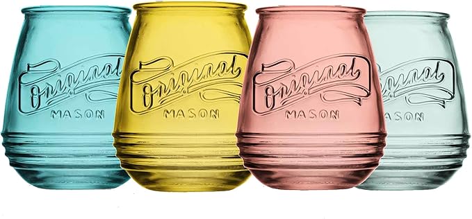 Wine Glasses Set Of 4 Assorted Colored Stemless Glasses 21 OZ. Original Mason Large Wine Cup, Red and White Wine Drinking Water Glasses. Juice, Cocktails, Smoothies, Vintage Bar