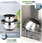 P&P CHEF Mixing Bowl with Lid Set, 5 Piece Stainless Steel Mixing Nesting Bowls for Salad Storage, 3 Grater Attachments & Non-Slip Bottoms, Size 1/1.5/2 / 2.6/4.6 QT, Black