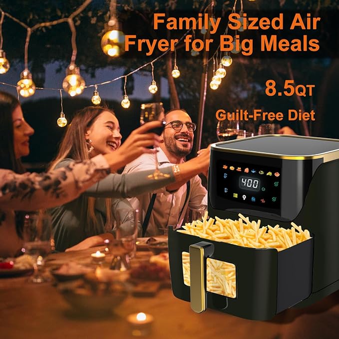 Air Fryer, 8.5Qt Large Family Size, 8-in-1 Function Digital Touch Screen, Easy Viewing Windows, 1750W Fast Air Frying up to 400℉, Auto Shut Off, Nonstick and Dishwasher-Safe Basket