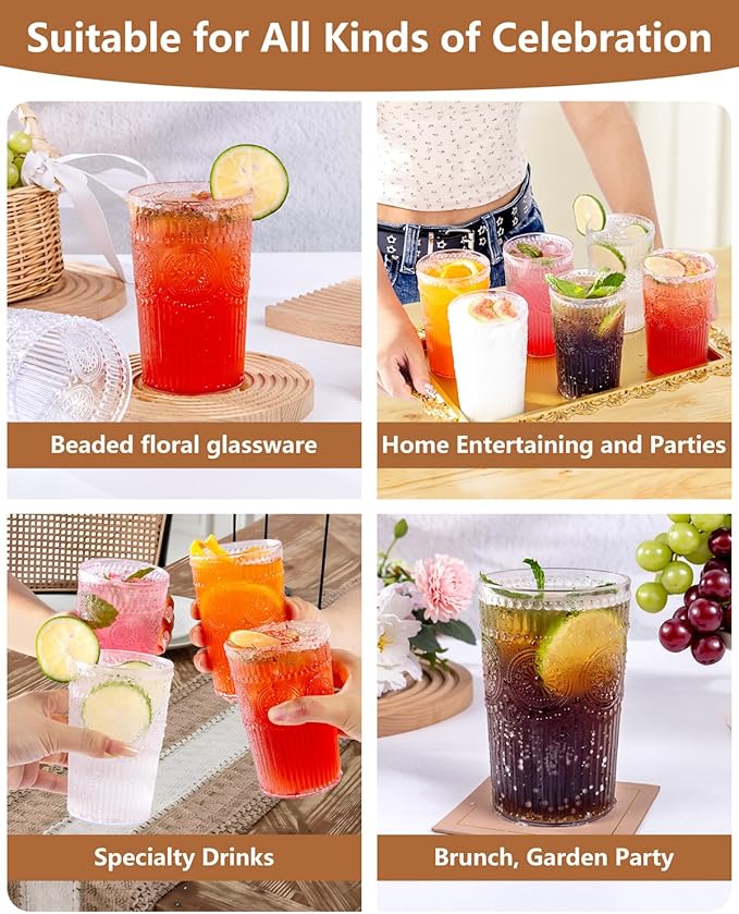 Ciaell 12 Pack Romantic Plastic Water Glasses - 14 Oz Clear Vintage Drinking Glasses, Embossed Ribbed Plastic Cups, Textured Striped Drinkware Set for Juice, Beverages, Beer, Cocktail