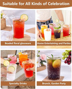 Ciaell 12 Pack Romantic Plastic Water Glasses - 14 Oz Clear Vintage Drinking Glasses, Embossed Ribbed Plastic Cups, Textured Striped Drinkware Set for Juice, Beverages, Beer, Cocktail