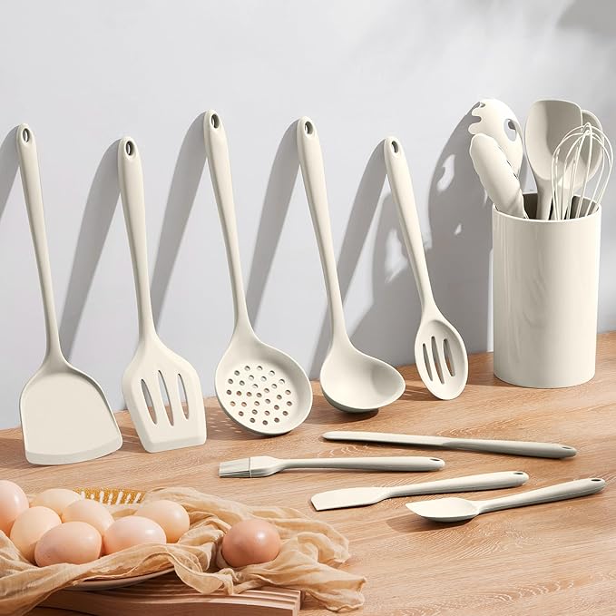 Homikit Kitchen Utensils Set, 15pcs Silicone Cooking Utensil Heat Resistant Spatula Set with Holder for Nonstick Cookware, Useful Kitchen Gadgets & Pots and Pans Accessories, White