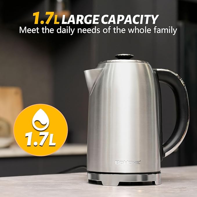Electric Kettle, 1.7L/1500W, Stainless Steel, Digital Touch Panel, Keep Warm Function, Auto Shutoff, BPA-Free, Hot Water Kettle for Coffee & Tea, No Plastic Contact with Water (Black)