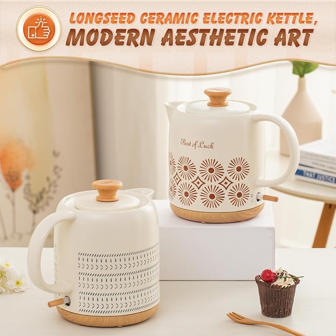 Ceramic Electric Kettle 1 Quarts, Hot Water Boiler Electric Kettles, Tea Pot with LED Light, Boil Dry Protection, Short Spout 1000W Fast Boil, Automatic Shut-off