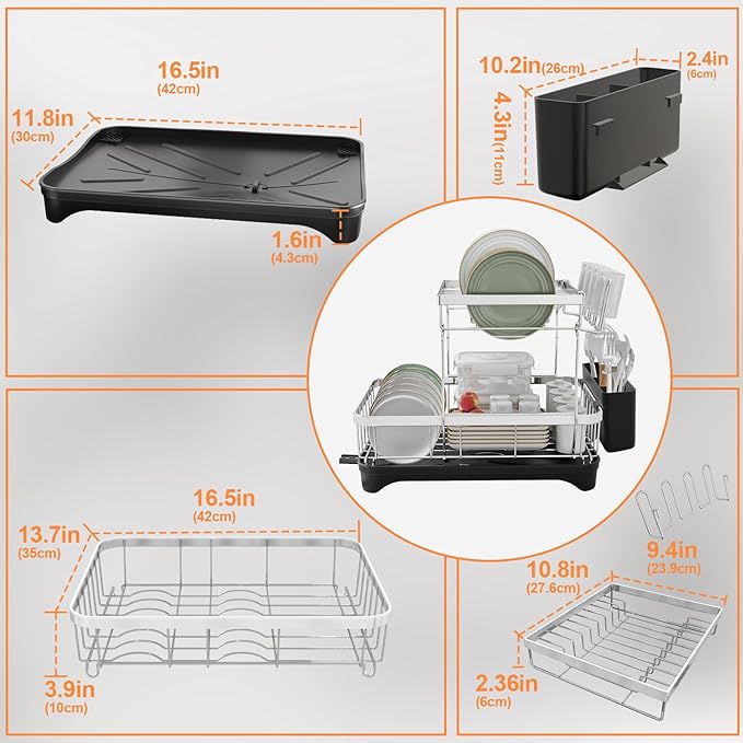 Dish Drying Rack - 2-Tier 304 Stainless Steel Dish Rack for Kitchen Counter, Adjustable Spout Auto-Draining Dish Rack, Kitchen Organizers and Storage Rack with Drainboard and Cutlery Holder Black