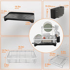 Dish Drying Rack - 2-Tier 304 Stainless Steel Dish Rack for Kitchen Counter, Adjustable Spout Auto-Draining Dish Rack, Kitchen Organizers and Storage Rack with Drainboard and Cutlery Holder Black